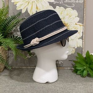 Blue Straw Fedora Hat with Nautical Rope Trim
